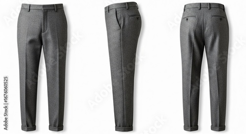 Grey Wool Trousers: Front Side and Back Views.