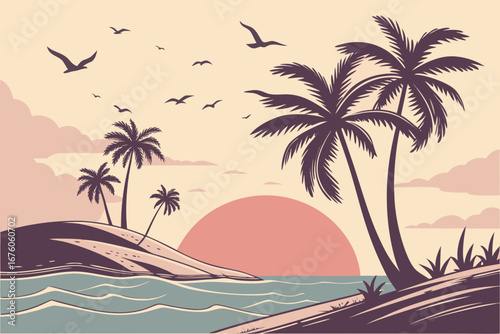 Tropical island beach sunset with palm trees and birds