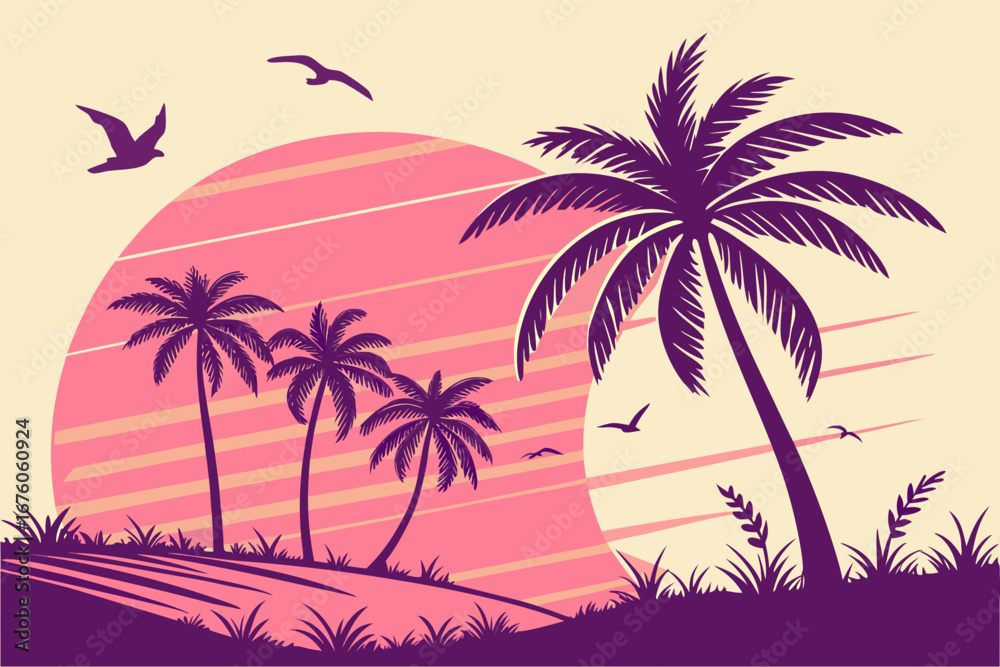 Fototapeta premium Vintage Sunset Palm Trees Beach Scene retro