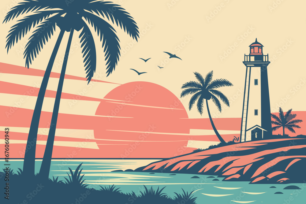 Fototapeta premium Vintage tropical beach lighthouse scene at dusk sunset