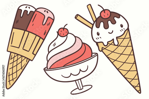 Variety of sweet ice cream desserts treat cone