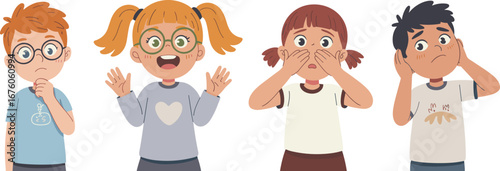 Cartoon children showing emotions and gestures, facial expressions, thoughtful, surprised, silent, reactive, educational psychology theme, vector illustration, stylized,