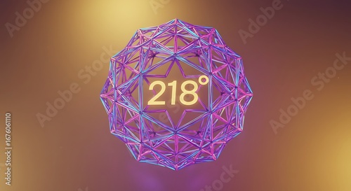 Abstract geometric sphere with a wireframe structure, featuring the number 218 in glowing orange at its center.