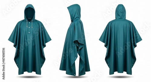 Teal Rain Poncho with Hood Front Side and Back Views on White Background.
