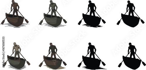 Man rowing boat, silhouette, paddle, river journey, dark figure, watercraft, solitude, strength, rowing adventure, outdoor activity, boat travel