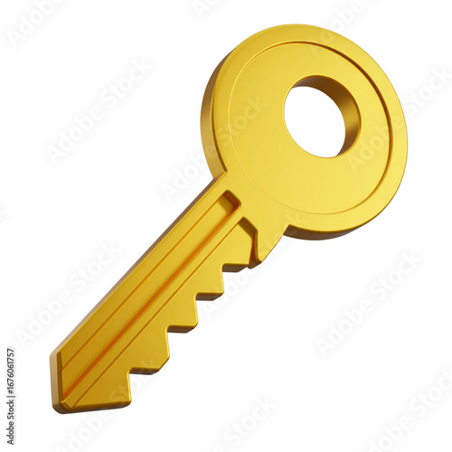 3D Golden Key Icon with Metallic Shine, Transparent Background