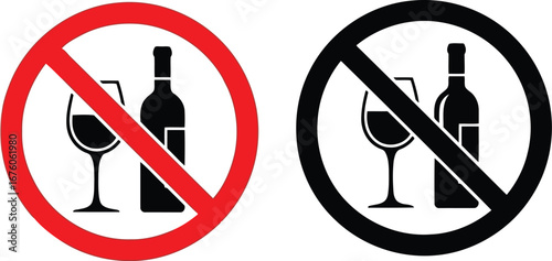 Prohibition sign against alcohol consumption with wine glass and bottle icons two variations vector