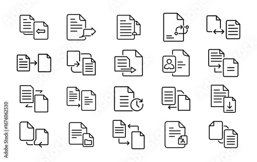 Document management icons set representing file operations and data organization hand-drawn style