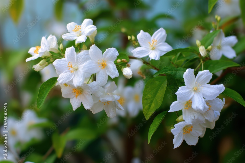 Obraz premium Lush Asian Jasmine: Fragrant Green Flowering Bush in a Vibrant Garden Grove