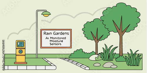 Rain Garden Vector Illustration with AI Monitored Moisture Sensors for Smart Irrigation and Sustainable Landscaping