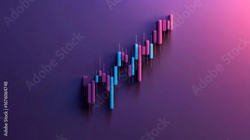 Abstract 3D Candlestick Chart Pink Purple and Blue Upward Trend stock market