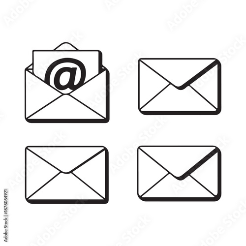 Four outline icons of envelopes with one open displaying an email symbol message