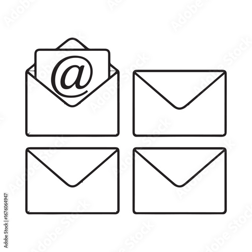 Four outline icons of envelopes with one open showing an email symbol message