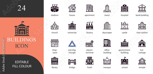 Vector art of building icon set editable fill color for website app ui design