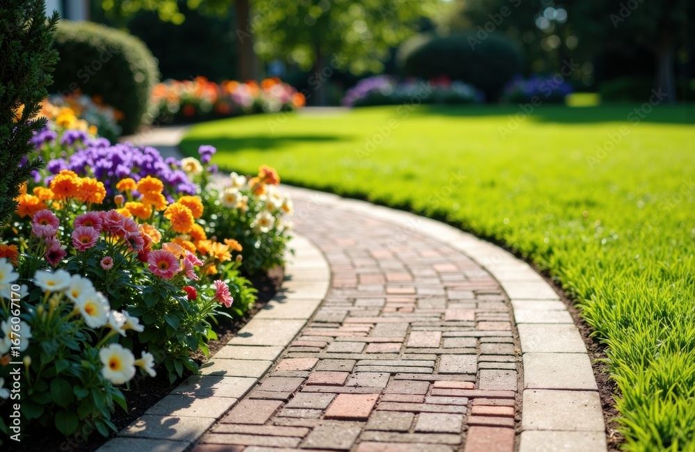 Obraz premium Colorful flower bed along a curved brick pathway in a lush garden setting