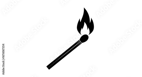 Lit Matchstick with Flame - Burning Black Silhouette Illustration.
