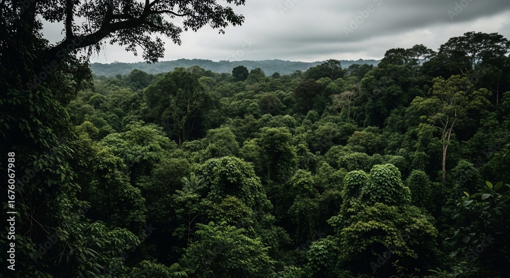 Fototapeta premium Overlooking a Lush, Dense Rainforest Canopy Under a Cloudy Sky