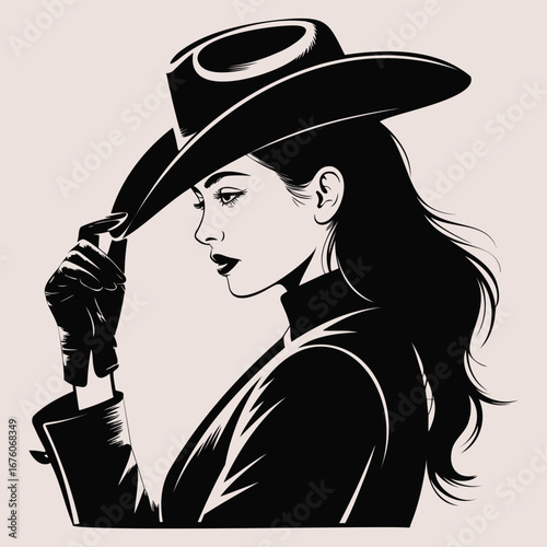 Elegant Western Noir Portrait with Hat and Gloves in Dramatic Profile Black and White Illustration