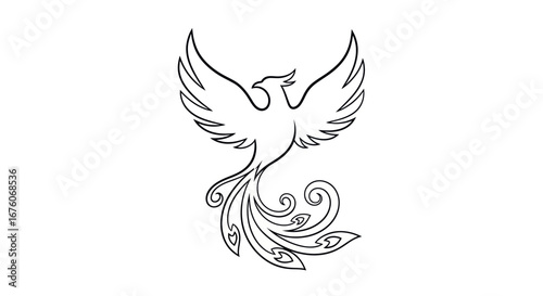 Elegant black and white line art of a rising phoenix with spread wings and a decorative, swirling tail.