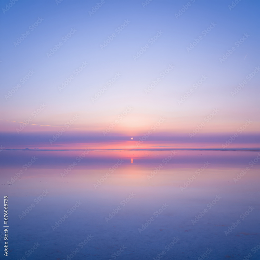Fototapeta premium Serene water reflecting the pastel sky with a faint sun on the horizon at the end of the day