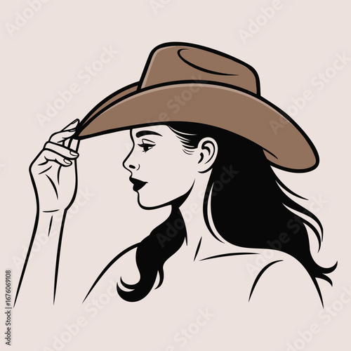 Western Cowboy Silhouette with Hat and Flowing Hair in Elegant Profile Minimalist Desert Style