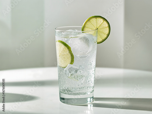 Refreshing Lime and Soda Delight: A tall, elegantly crafted glass filled with a sparkling blend of soda and ice, accented by fresh lime slices, creating a vibrant visual appeal