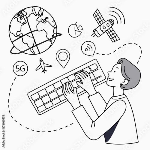 Hands on keyboard with global thoughts, world map icons, connection, 5G technology and satellites.