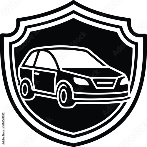 Vector art of black and white shield emblem with a car silhouette inside, symbolizing car insurance or protection