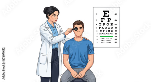 Vision checkup by eye doctor with snellen chart examination illustration