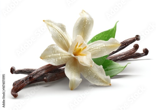 Close-up of vanilla flower and pods