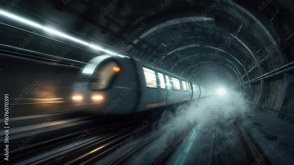 Obraz premium Futuristic subway train in dark tunnel