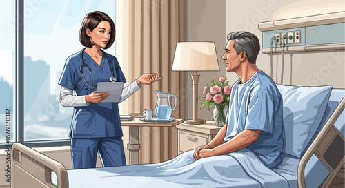 Attentive caregiver explains recovery plan to senior patient in hospital room
