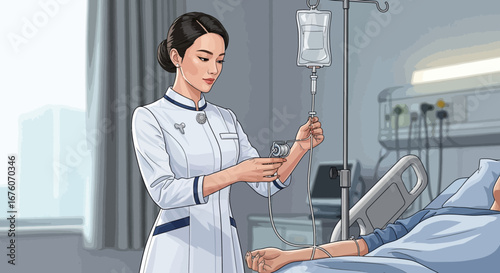 Attentive Nurse Administering IV Drip to Patient in Hospital Room Setting