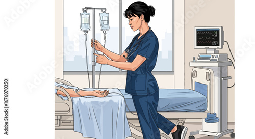 Attentive Nurse Adjusting Patient's IV Drip Inside Hospital Room with Advanced Monitoring