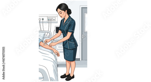 Attentive nurse providing care to a patient in a hospital setting illustration