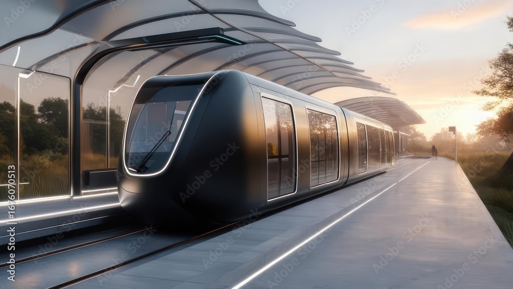 Naklejka premium Futuristic train at a station at sunrise