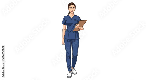 Cheerful nurse in blue scrubs confidently holds patient medical record