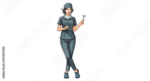 Cartoon Woman Surgeon with Surgical Scissors in Uniform Ready to Operate