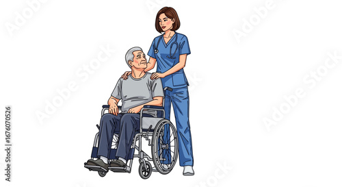 Compassionate caregiver supporting elderly man in wheelchair illustration