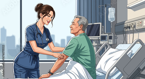 Compassionate caregiver tending to elderly patient in hospital setting