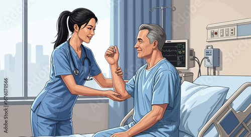 Compassionate medical professional assessing a patient in a hospital room setting