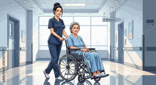 Compassionate healthcare worker assisting senior patient in hospital corridor