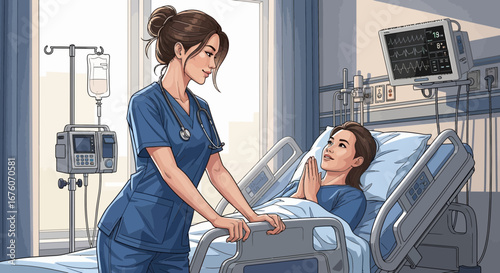 Compassionate Nurse Attending to Patient in Hospital Room with Monitoring Equipment