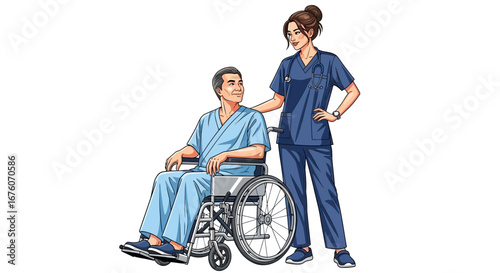 Compassionate nurse assisting elderly man in wheelchair, promoting wellness
