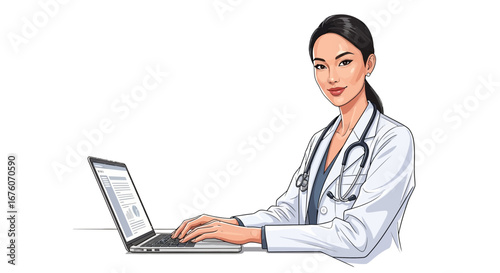 Competent asian female doctor working on a laptop in her practice