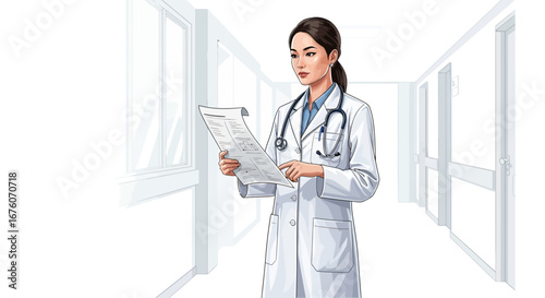 Confident doctor examining medical documents in a clinical hospital hallway
