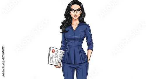 Confident female doctor holding documents in professional blue suit attire
