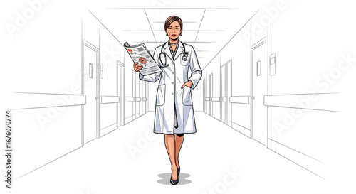 Confident female doctor in a hospital corridor reviewing patient data