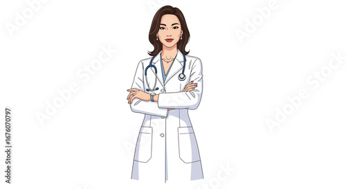 Confident female doctor in lab coat with arms crossed illustration