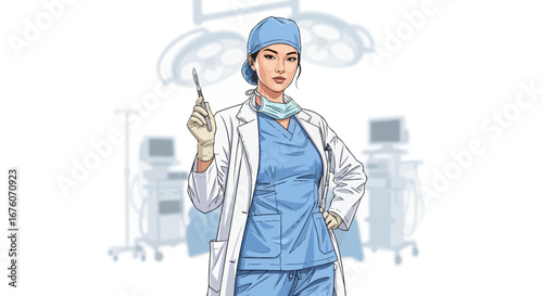 Confident female surgeon standing in operating room with scalpel in hand
